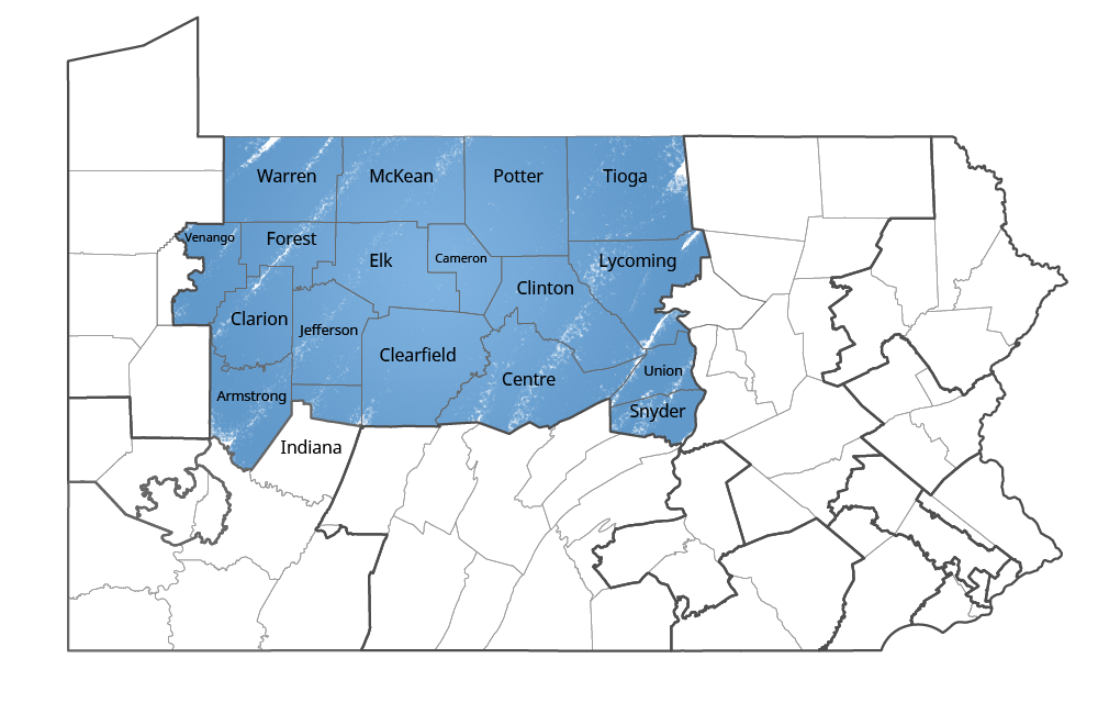 Map of Pennsylvania with the 15th Congressional district highlighted with blue marker, the counties are labeled.